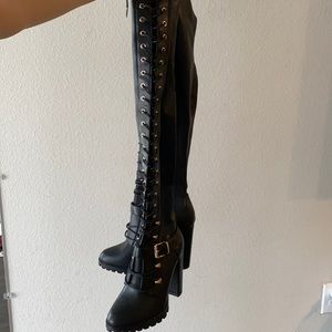 Black dolls kill  thigh high strap up boots